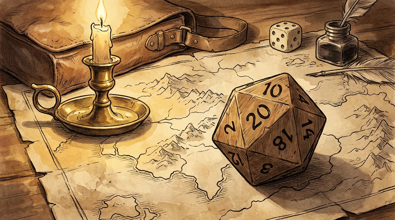 Dado de vinte lados sobre um mapa de aventura de fantasia