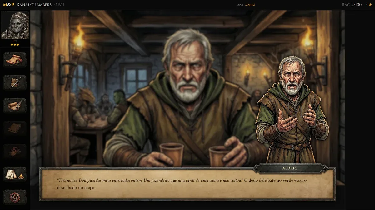Tela do Mysteries & Perils, um livro-jogo de RPG no navegador com as regras da 5ª edição