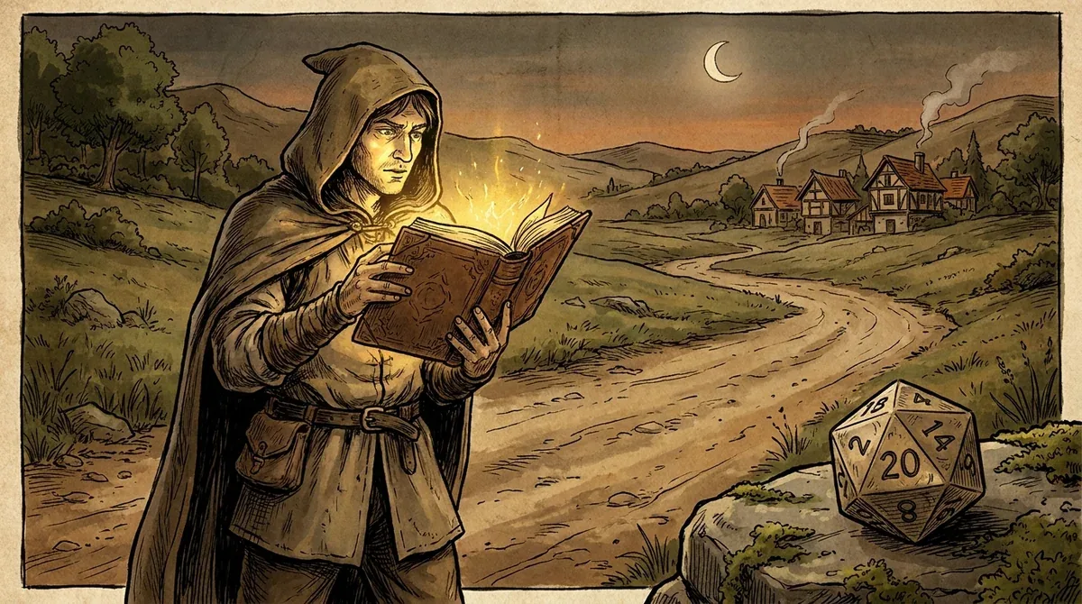 Viajante de fantasia abrindo um livro luminoso numa estrada ao entardecer