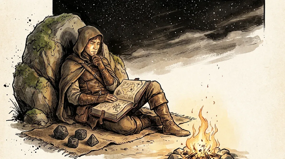 Aventureiro descansando junto a uma fogueira com um livro de aventura no colo