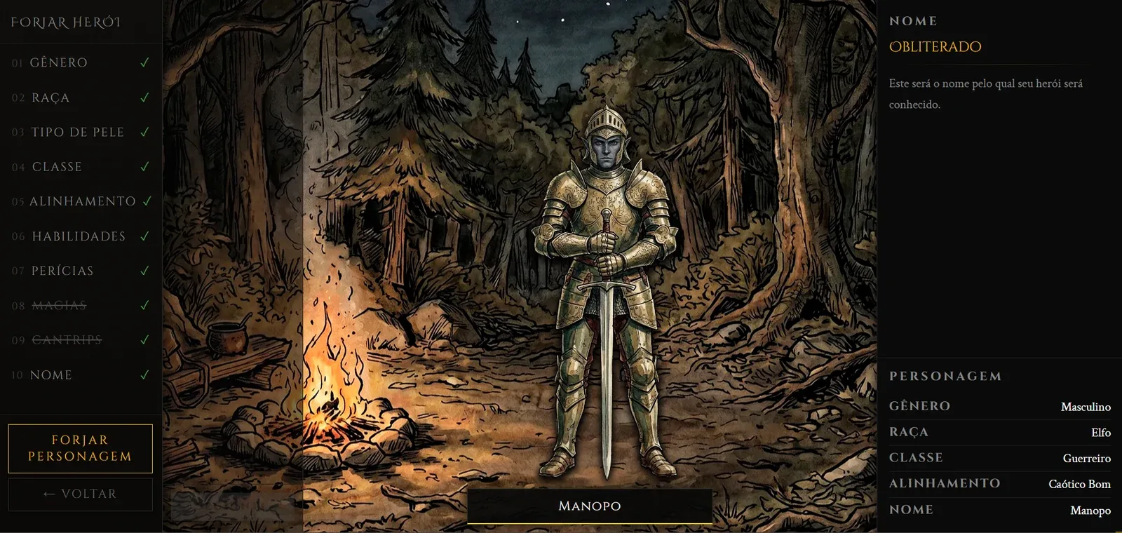 Personagem pronto, com nome e ficha completa, no Mysteries & Perils
