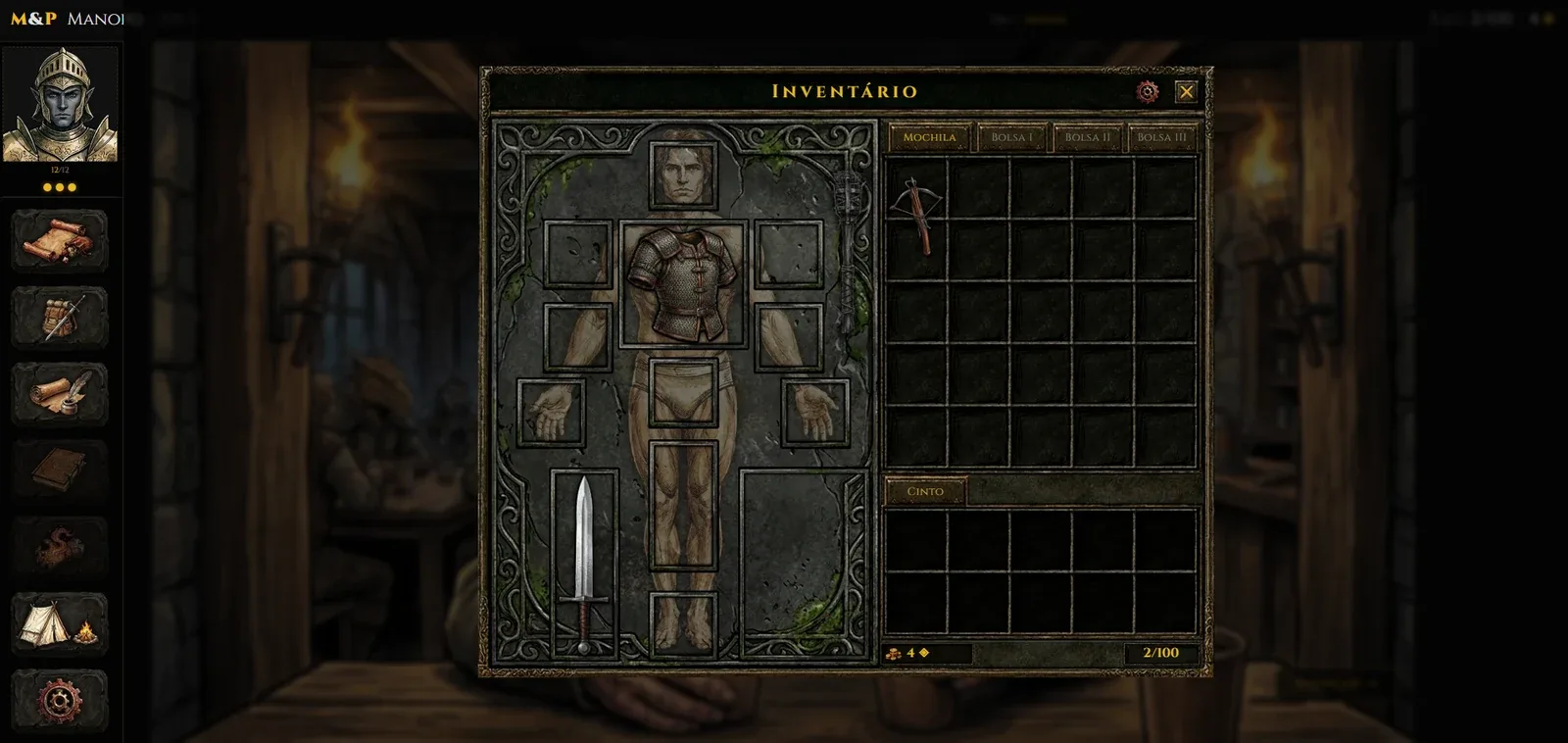 Inventário do personagem no Mysteries & Perils, com itens na mochila