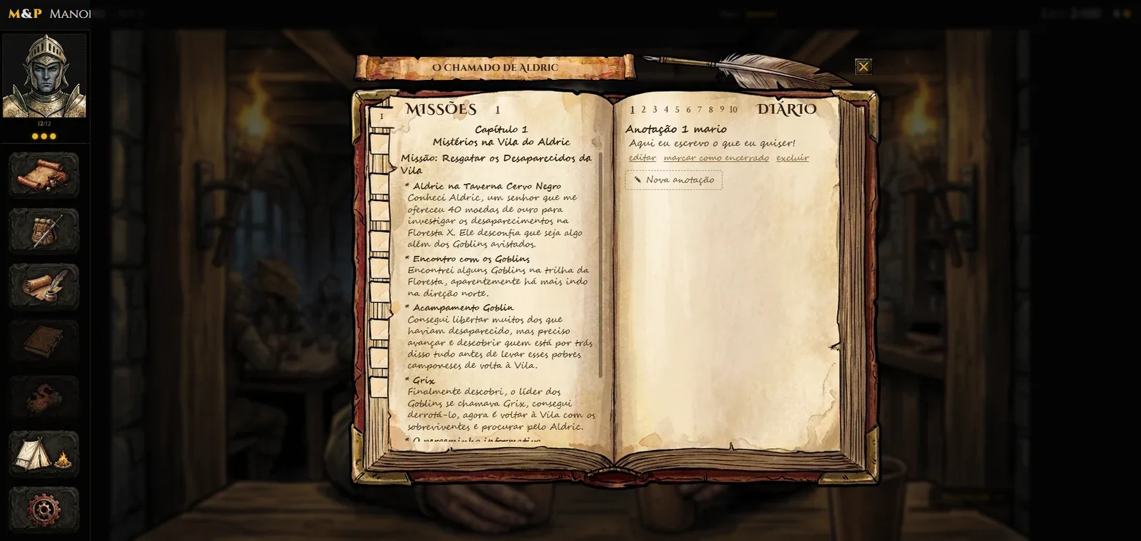 Journal do personagem no Mysteries & Perils, com missões e diário pessoal