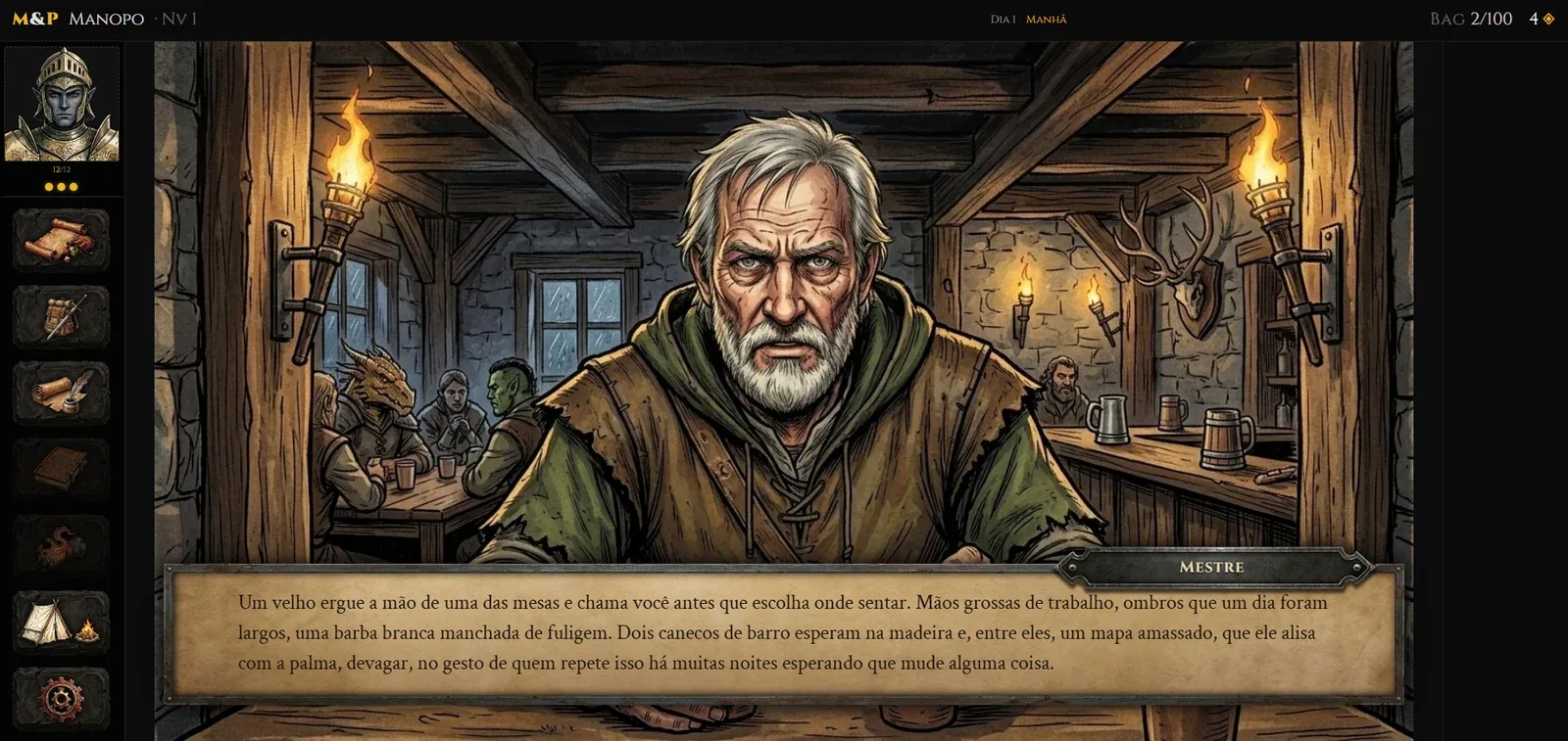 Cena de aventura ilustrada com narração no Mysteries & Perils