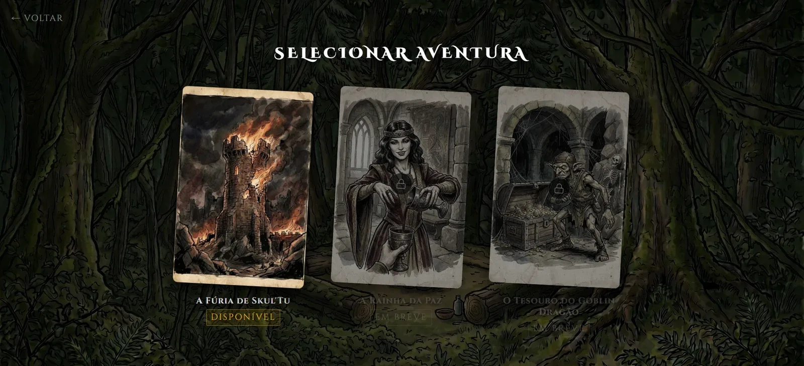 Tela de escolha de aventura no Mysteries & Perils