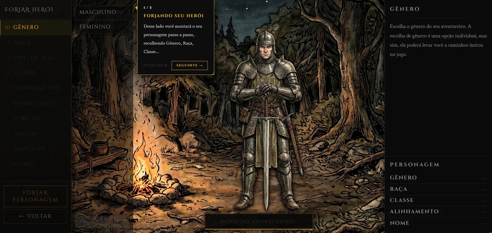 Tela de criação de personagem do Mysteries & Perils