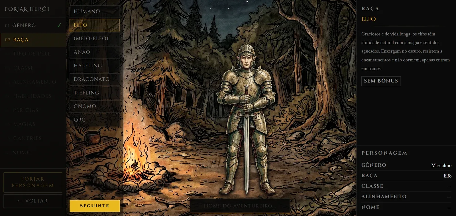 Escolha de raça na criação de personagem do Mysteries & Perils