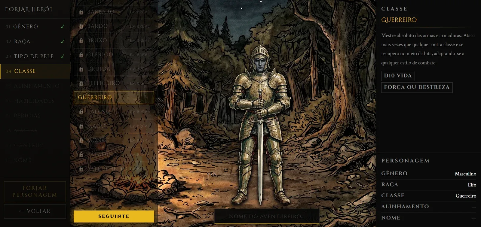 Escolha da classe Guerreiro no Mysteries & Perils