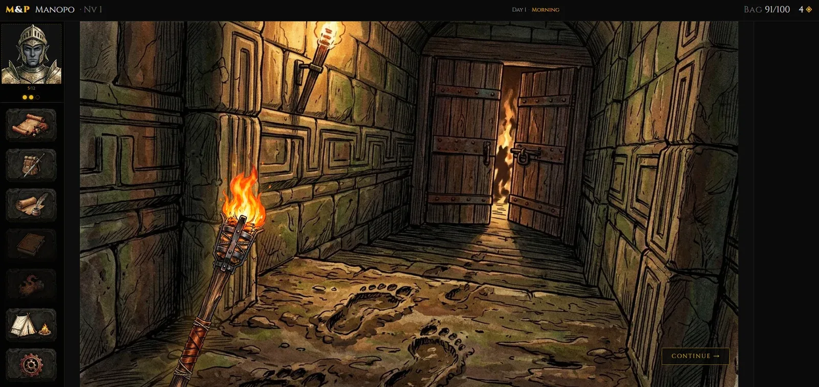 A torch-lit scene in Mysteries & Perils