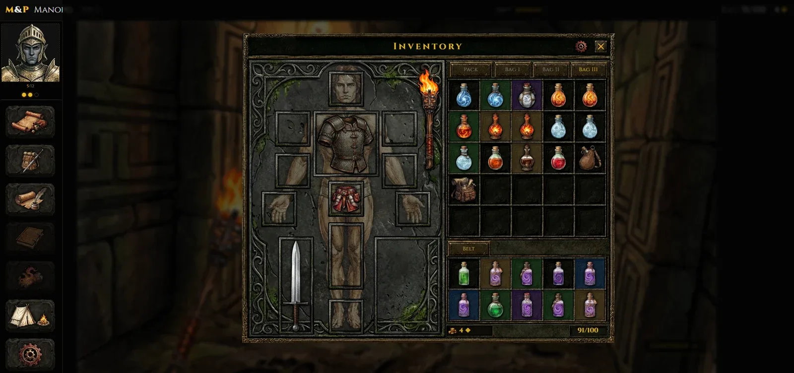 The items screen in Mysteries & Perils, with dozens of items