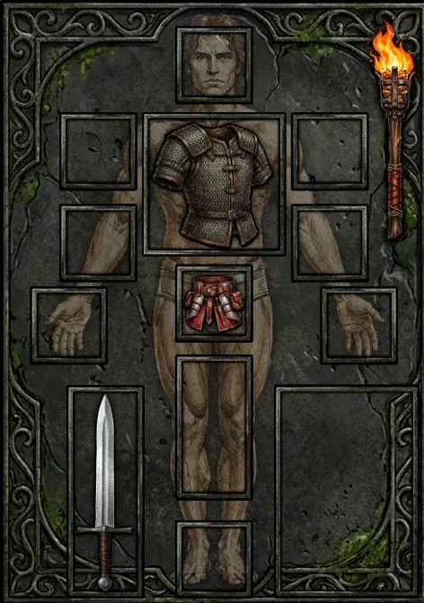 The character equipment screen in Mysteries & Perils, with armor, weapon and torch