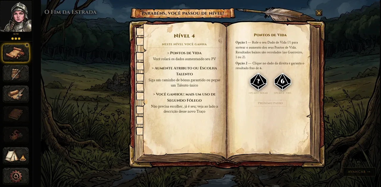The hero level-up screen in Mysteries & Perils