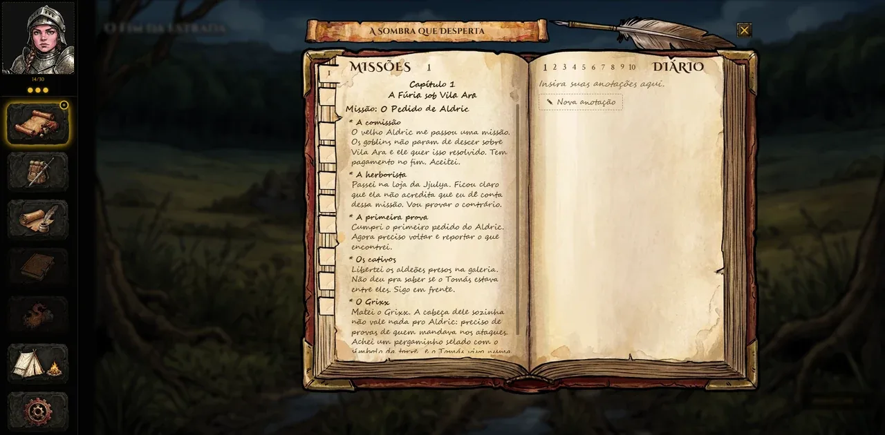 The adventure journal in Mysteries & Perils, with story entries