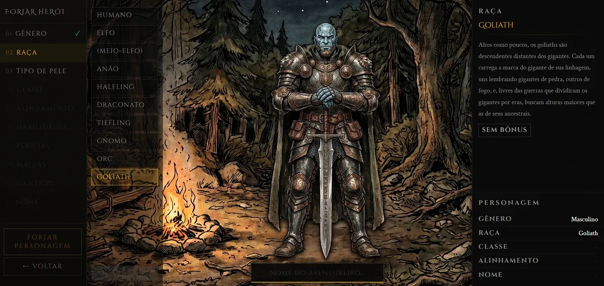 Criação de personagem com a espécie Golias selecionada