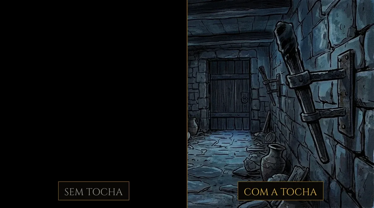 The same game scene, black without a torch and visible with the torch lit