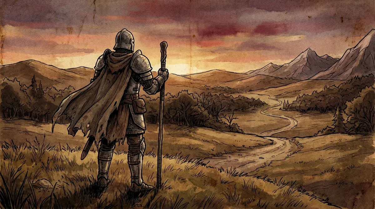 A lone adventurer on a hilltop looking out over a vast fantasy horizon at dusk
