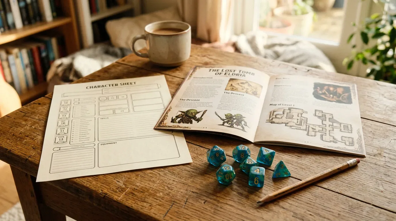 A character sheet, dice and an adventure on the table, all set to start playing RPGs