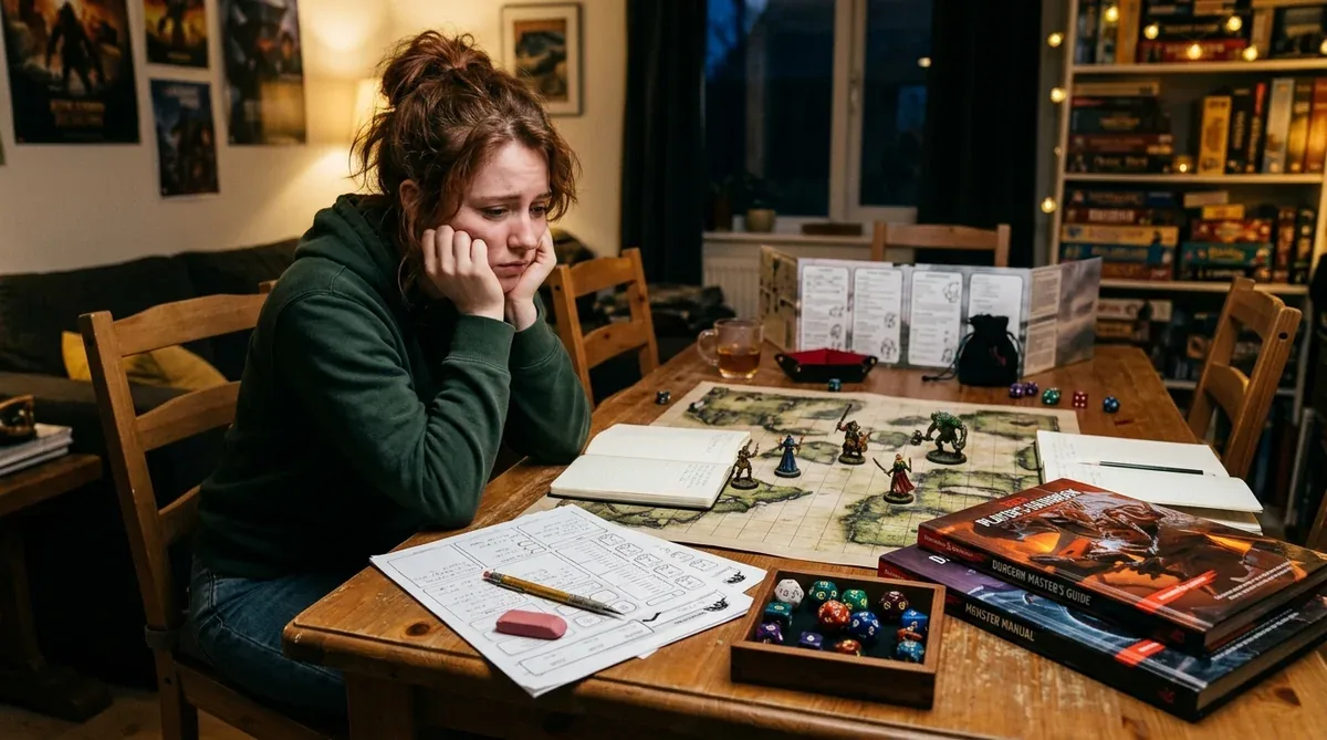 RPG table set for a solo player, with a character sheet, dice and a journal in candlelight