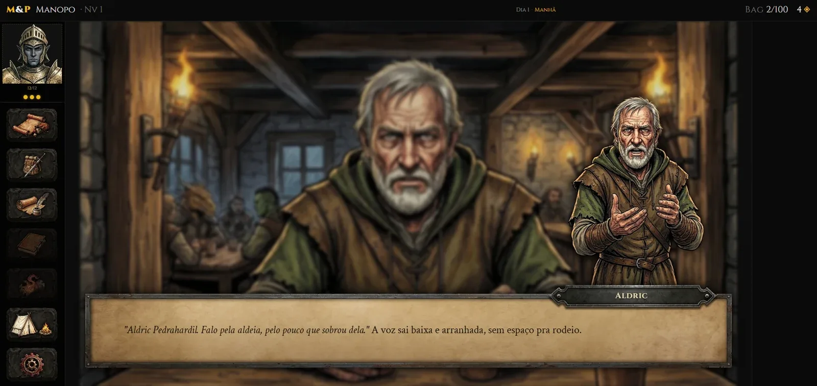 Um NPC conversando com o jogador no Mysteries & Perils, livro-jogo de RPG no navegador
