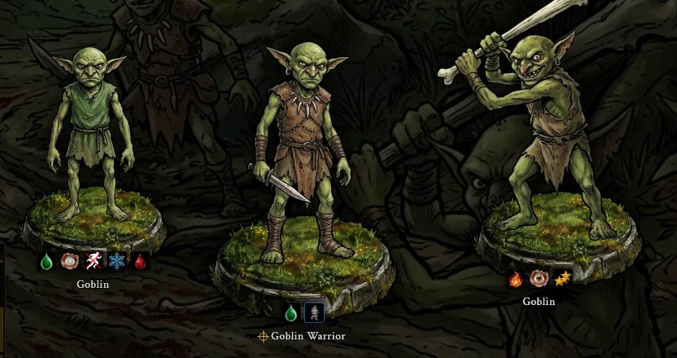 Goblin enemies with condition icons in Mysteries & Perils combat