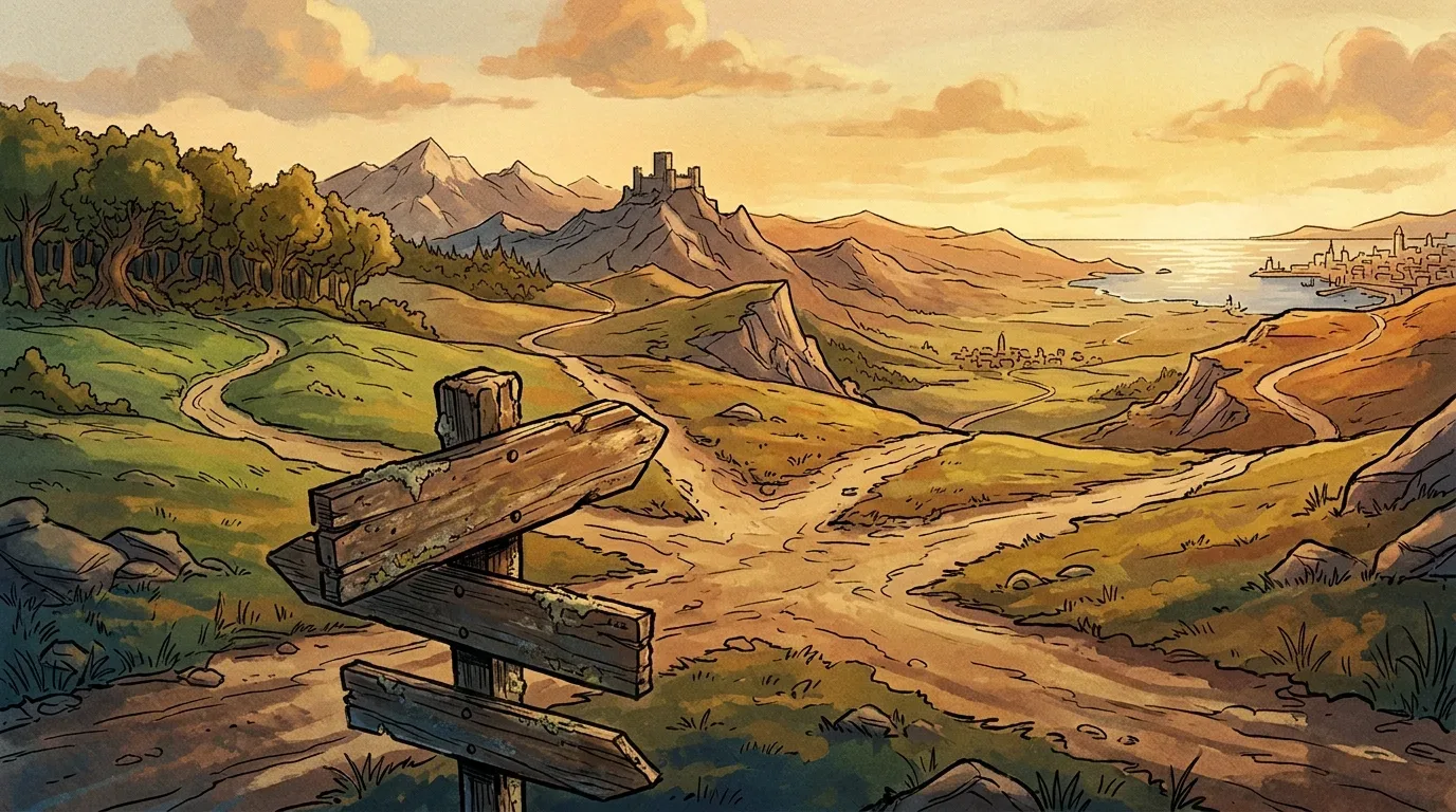 A crossroads of four paths in a fantasy landscape, evoking choices