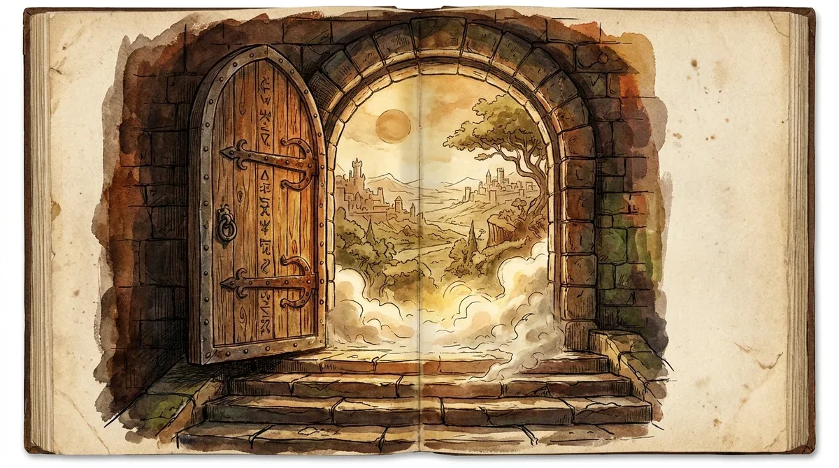 A half-open stone doorway with light revealing a fantasy world of adventure