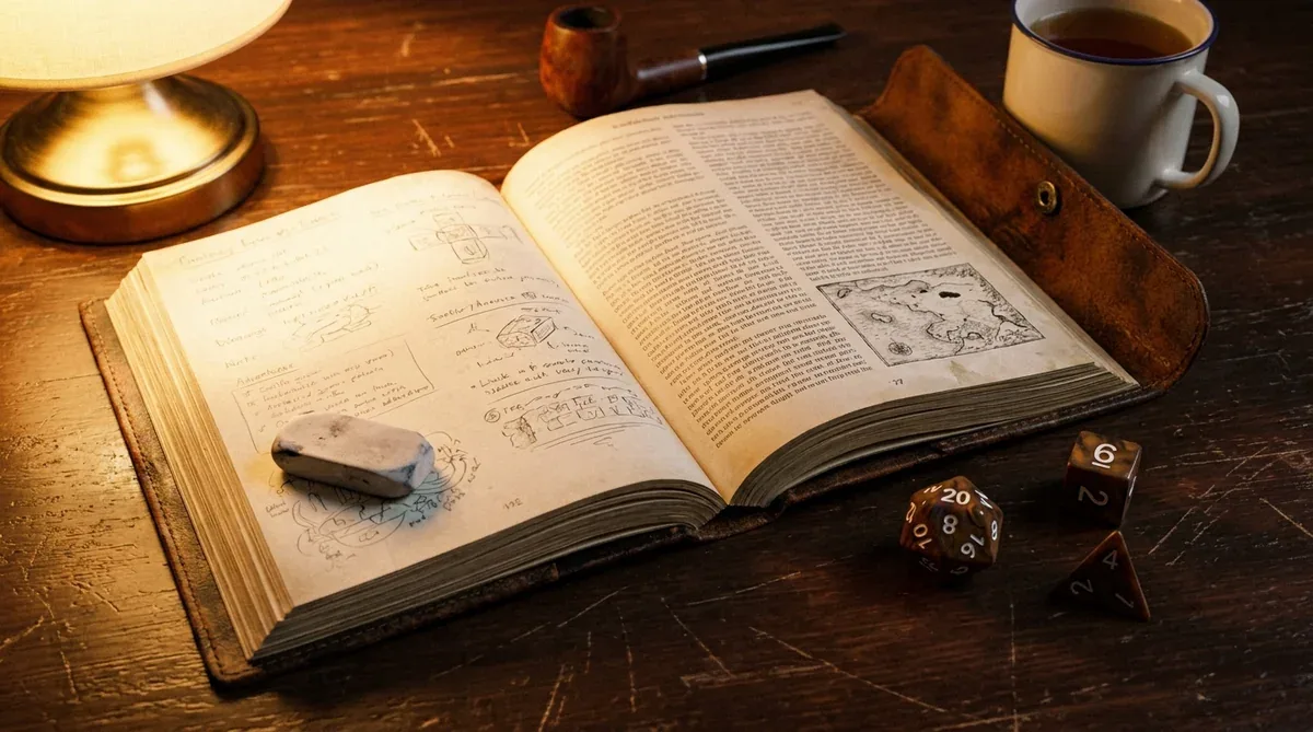 Open fantasy gamebook on a table beside RPG dice