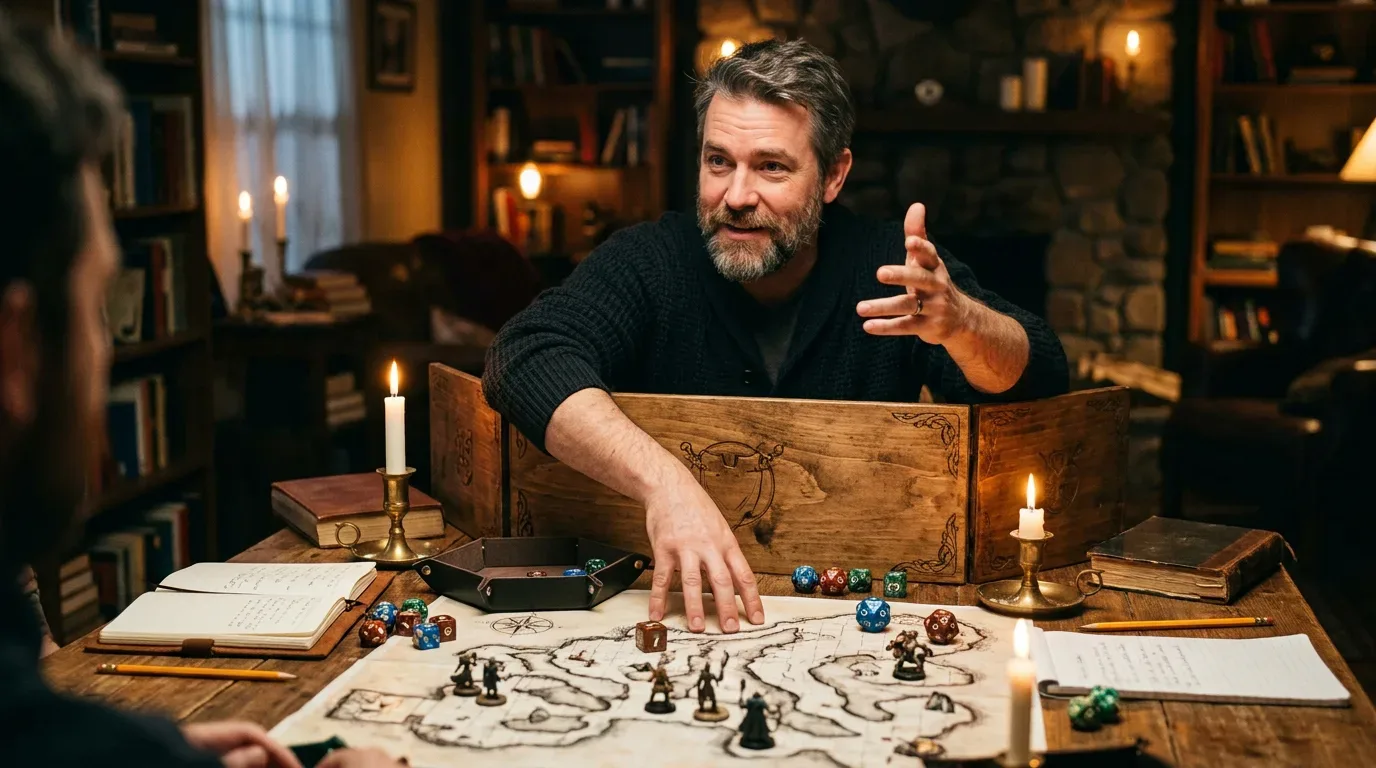 A Game Master running the table behind a screen, by candlelight