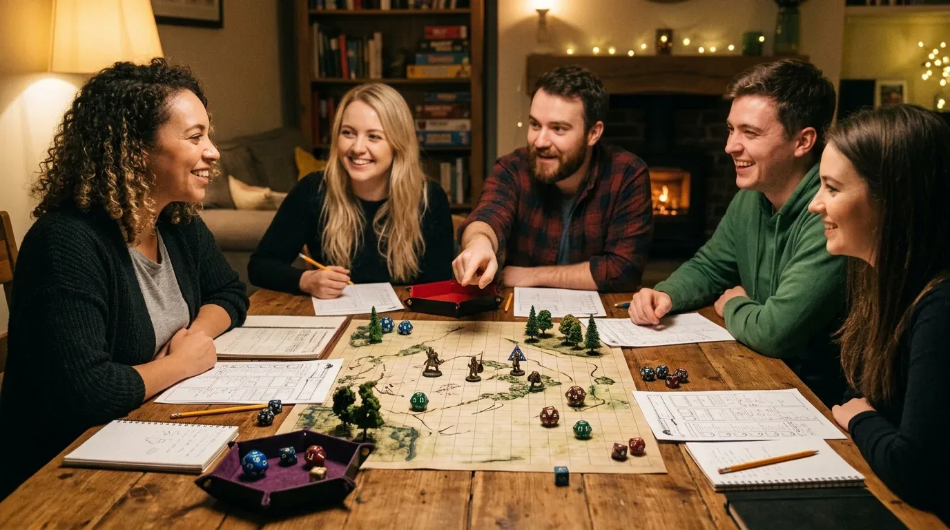A lively RPG table with several players, dice, and maps in warm light