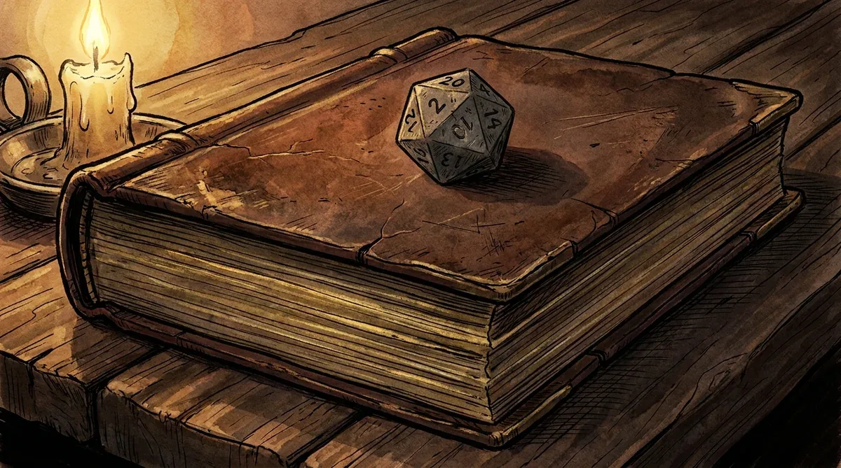 Thick, closed RPG rulebook on a table with a die resting on top