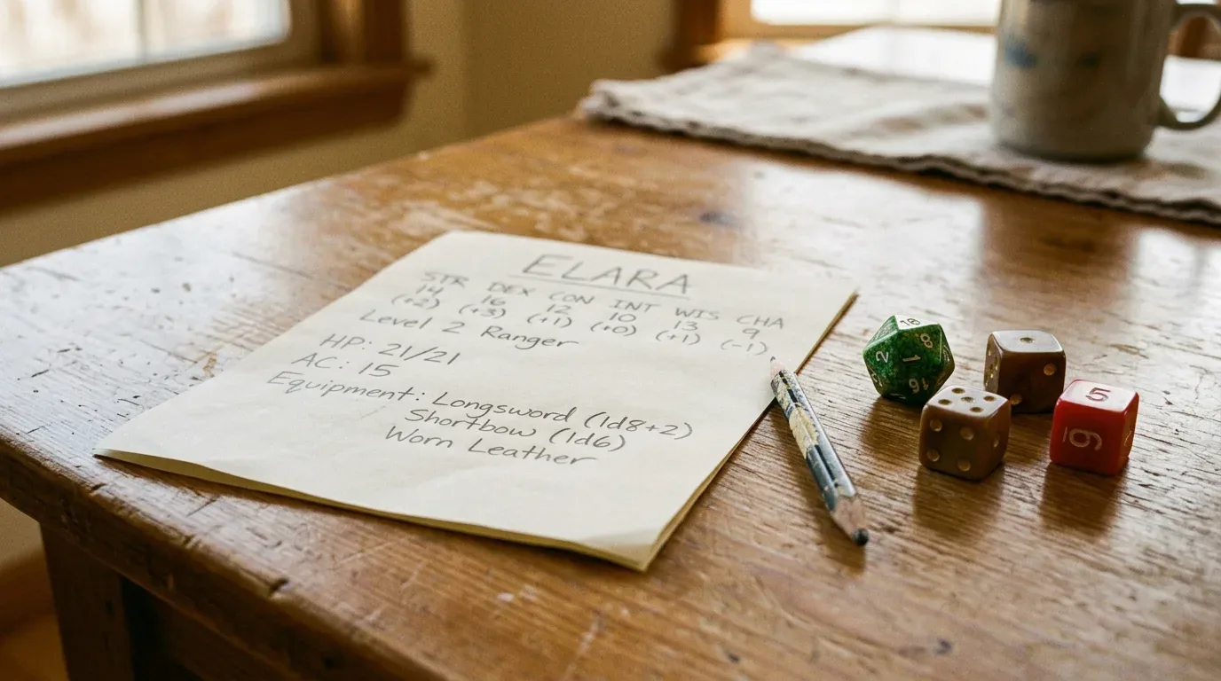 A few dice and a handwritten character sheet on a plain page, a modest RPG start