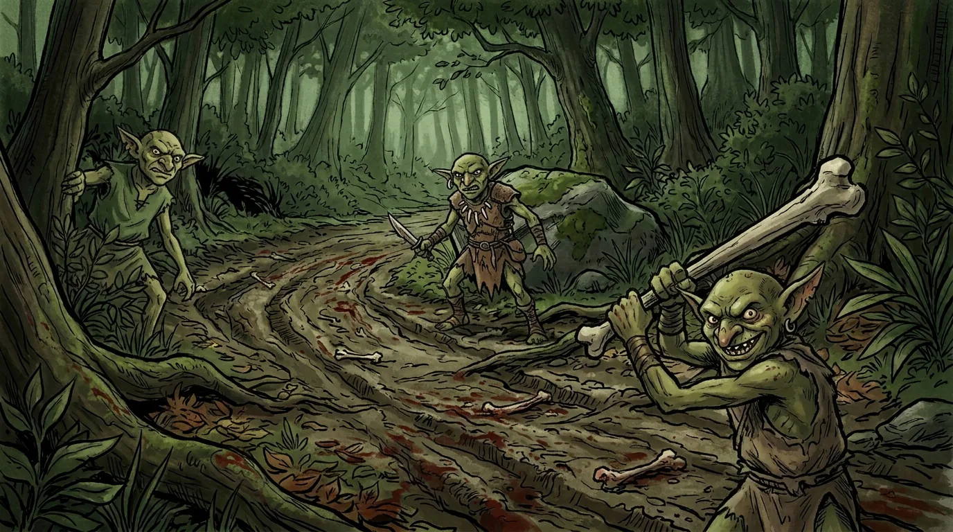 Goblin ambush on the trail, a combat scene from Mysteries & Perils