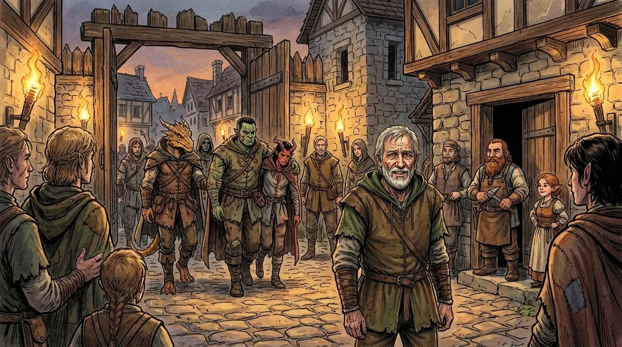 Ilustración de una aldea medieval al atardecer, iluminada por antorchas.