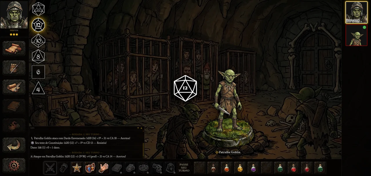 Pantalla de combate del juego: tirada del dado d20 y registro de acciones.